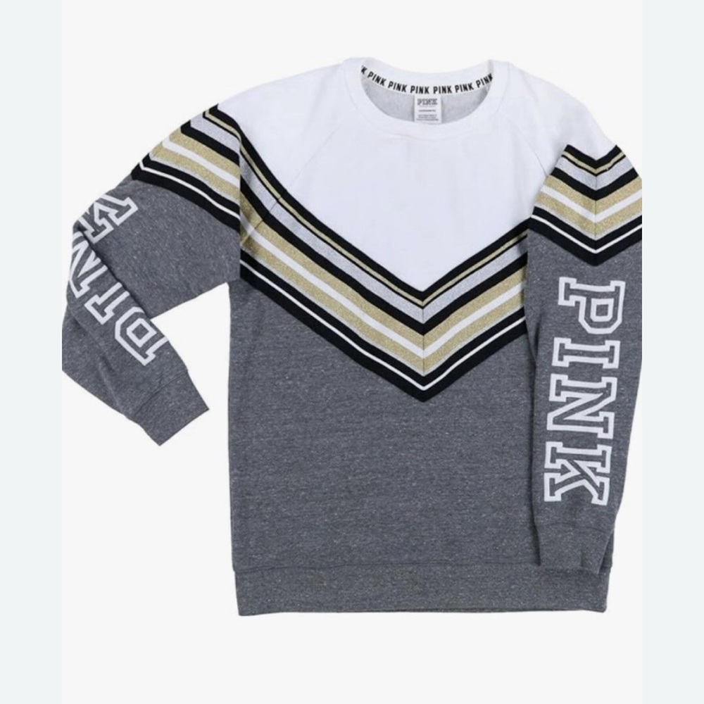 Victoria’s Secret Pink Varsity Crew Sweatshirt Logo Sleeves Gold Silver sparkle